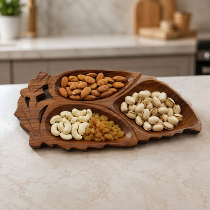 Leaf Shaped Wooden Serving Platter with 3 Compartments – Handcrafted Sheesham Wood Divided Tray for Dry Fruits, Snacks, Nuts & Cookies, Decorative Serving Dish | Ideal Housewarming & Diwali Gift