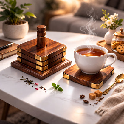 Handcrafted Sheesham Wood Square Coaster Set with Brass Corners – Set of 6 with Stand