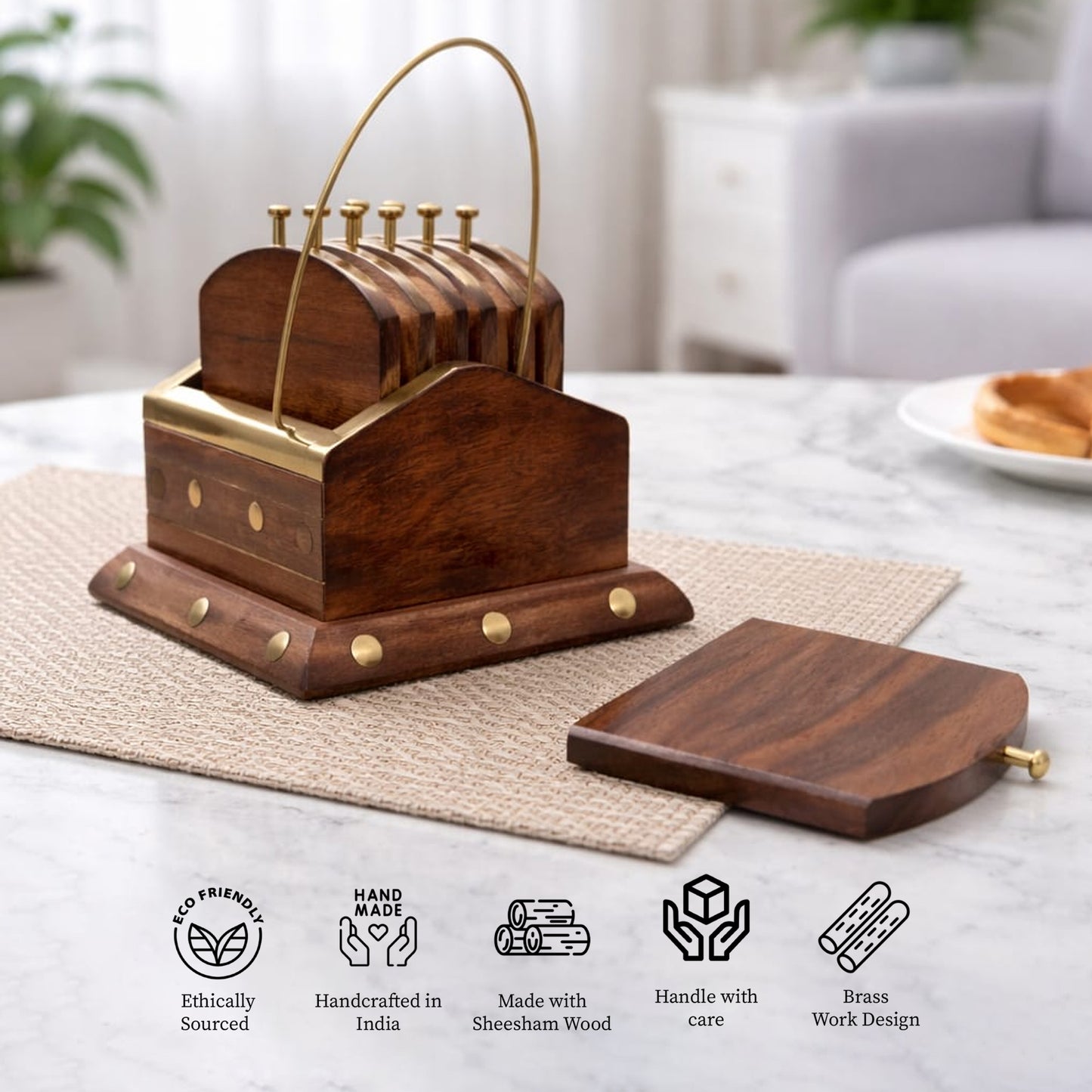 Handcrafted Sheesham Wood Coaster Set with Brass Corners & Holder – Set of 6, 2.5 Inch Drink Coasters for Tea & Coffee Cups