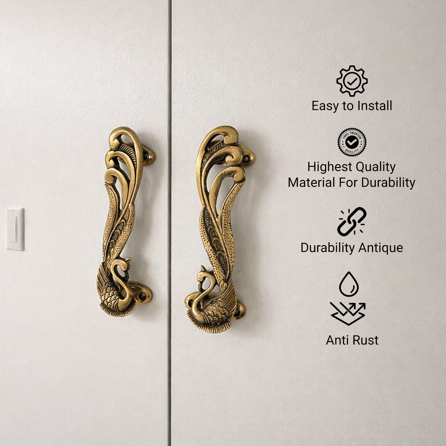 Antique Swan/peacock  Brass Door Handles – Luxury Vintage Cabinet & Wardrobe Pull Handles (16cm) – Decorative Double Door Hardware