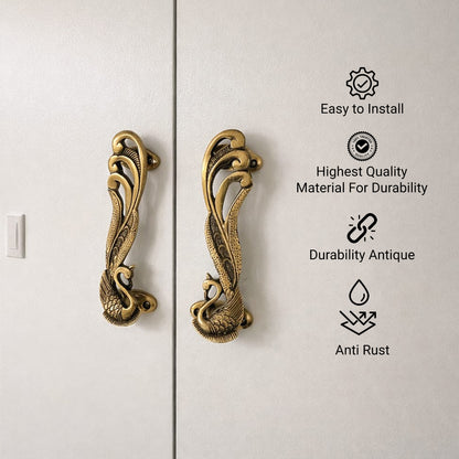 Antique Swan/peacock  Brass Door Handles – Luxury Vintage Cabinet & Wardrobe Pull Handles (16cm) – Decorative Double Door Hardware