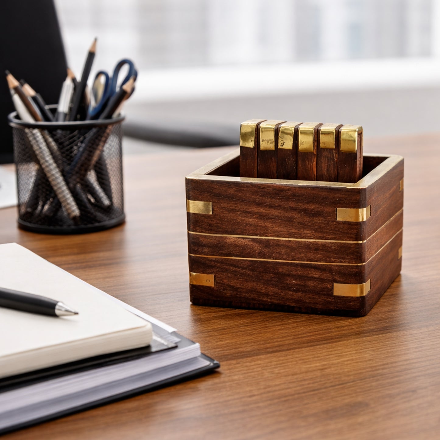 Handcrafted Sheesham Wood Box Coaster Set with Brass Corners – 3 Inch Square Coasters, Set of 6
