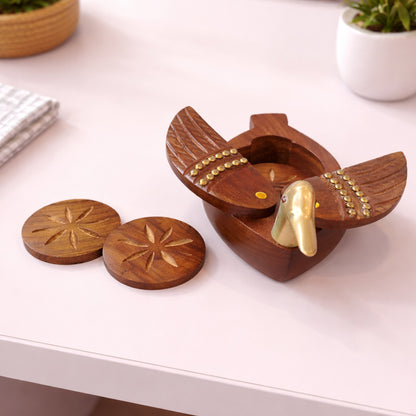 Handcrafted Wood Duck Coaster Set with Brass Head – Round Tea & Coffee Coasters