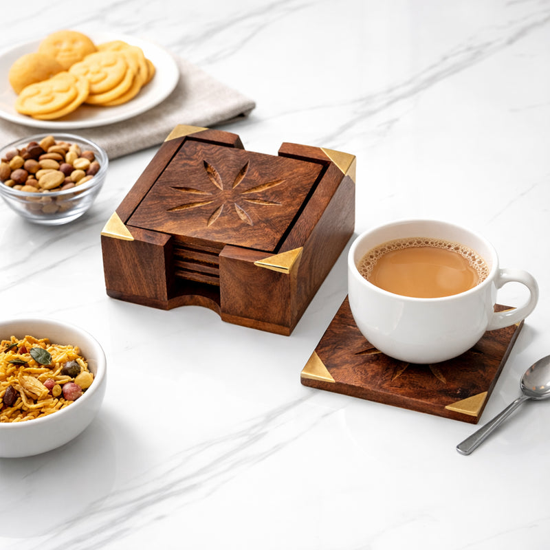 Handcrafted Sheesham Wood Square Coaster Set with Brass Corners & Box Holder – 3 Inch Coasters, Set of 6