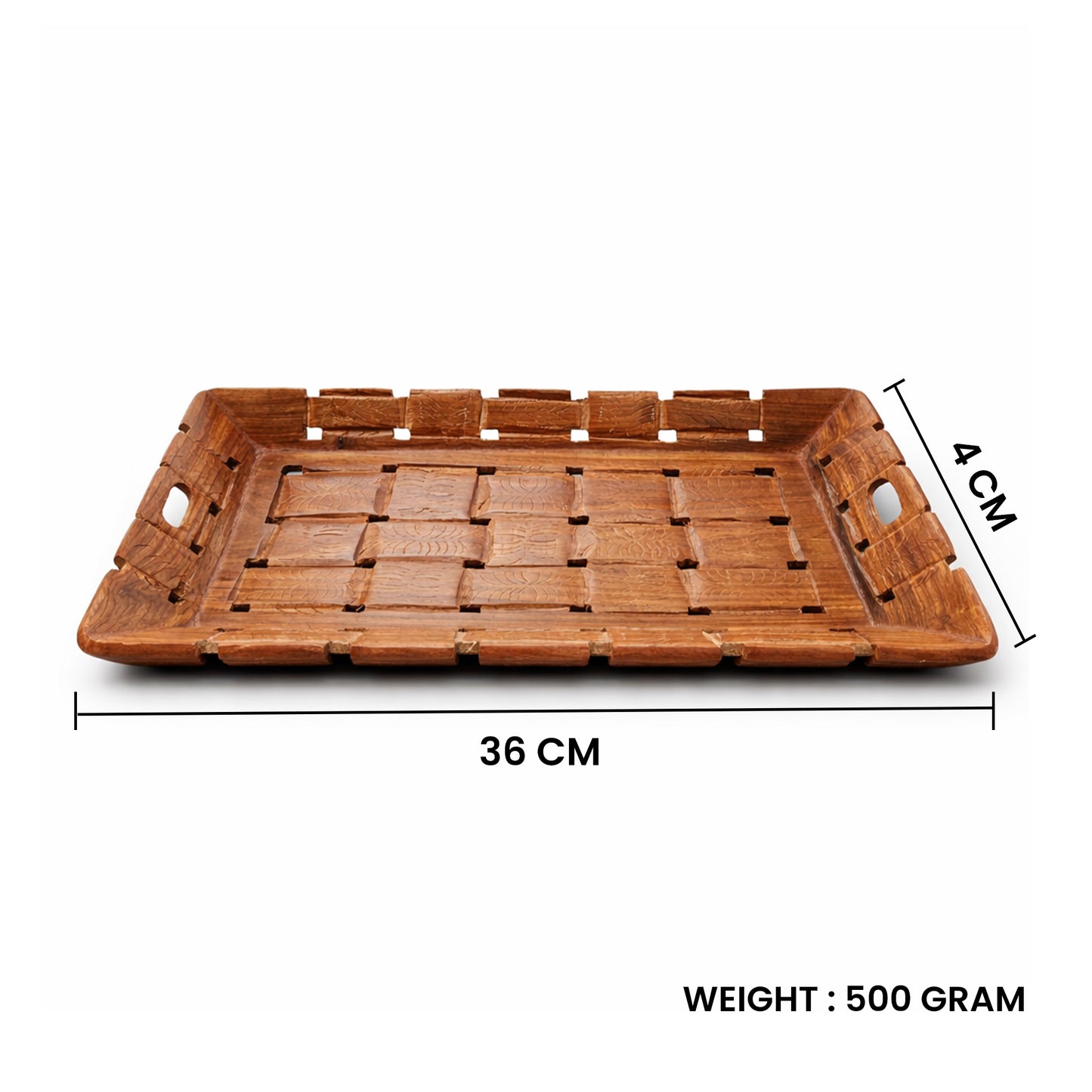 Handcrafted Sheesham Wood Rectangular Serving Tray with Handles – 36 cm Breakfast & Snacks Tray
