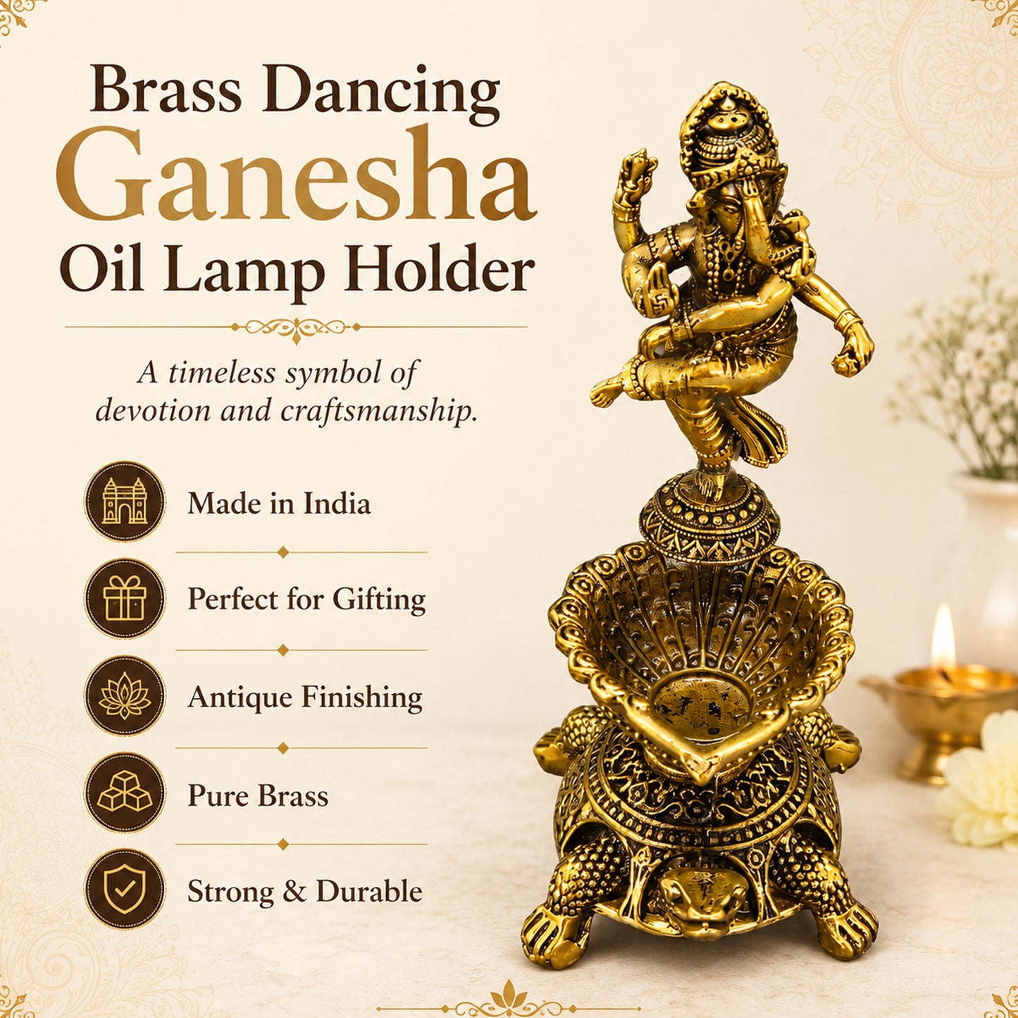 Pure Brass Dancing Ganesha Diya Oil Lamp Holder | Antique Gold Finish, Oil Lamp with Diya, Vastu Showpiece, Puja Room Decor