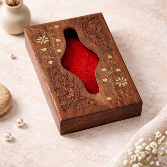 The Indian Aura Handcrafted Wooden Tissue Box Cover with Brass Inlay – Decorative Tissue Holder for Home & Office (15 × 25 × 6 cm)