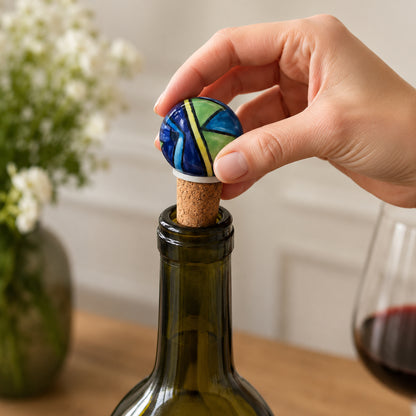 Handmade Ceramic Wine Bottle Stopper – Colorful Blue Green Abstract Design, Airtight Cork Seal, Gift for Wine Lovers