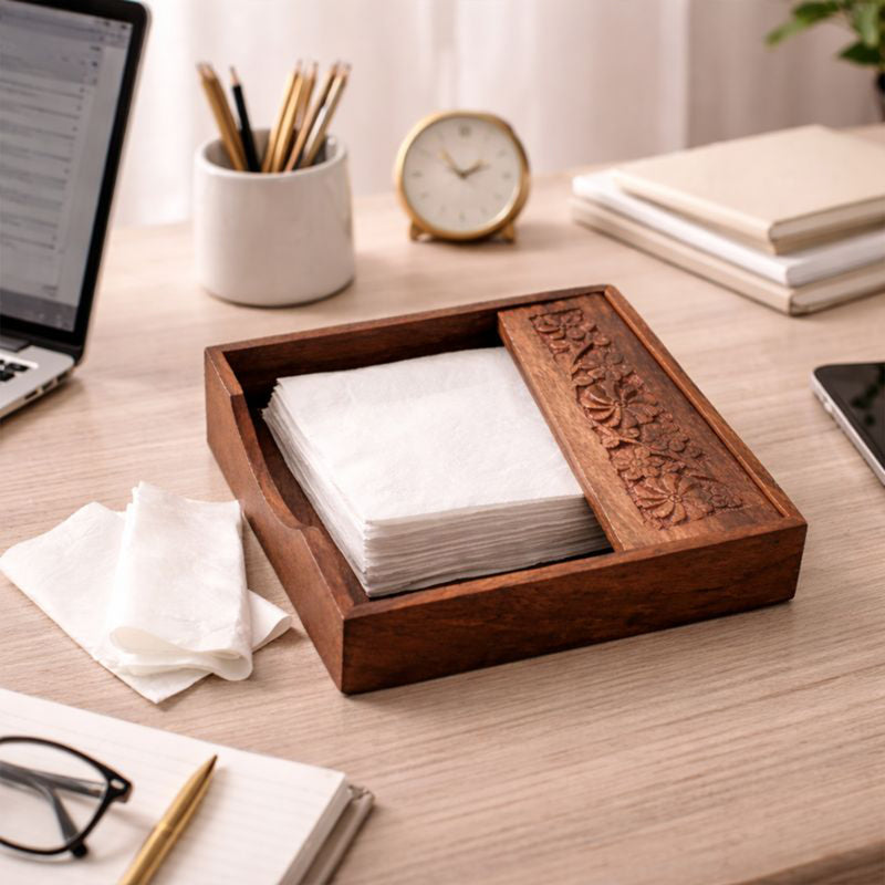 Handcrafted Wooden Napkin Holder with Carved Lid | Premium Table Accessory | The Indian Aura