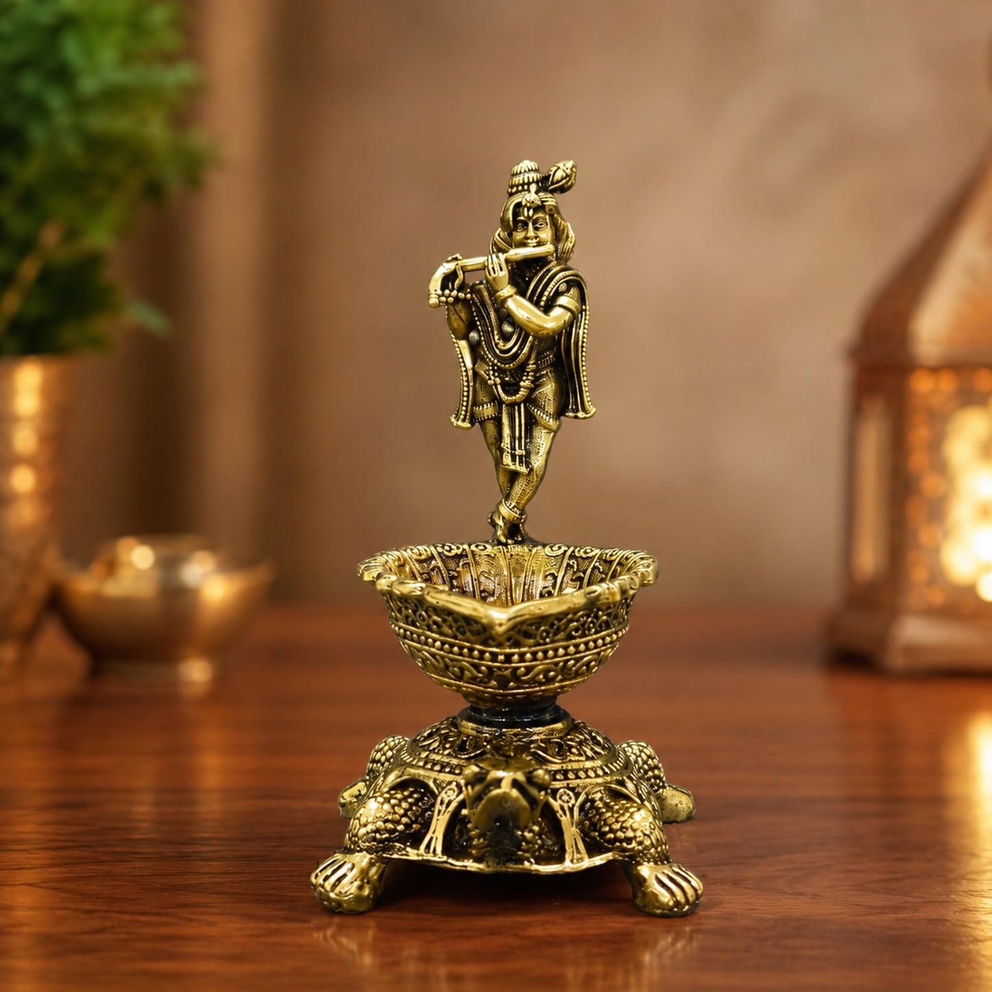 Brass Lord Venkateswara Diya with Turtle Base | Antique Finish, Pure Brass, 8.8cm Height, Pooja & Temple Decor, Deepam Oil Lamp (Copy)