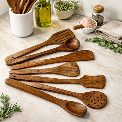 The Indian Aura 7‑Piece Sheesham Wood Cooking Spoon & Spatula Set – Handmade Non‑Stick Friendly Kitchen Utensils
