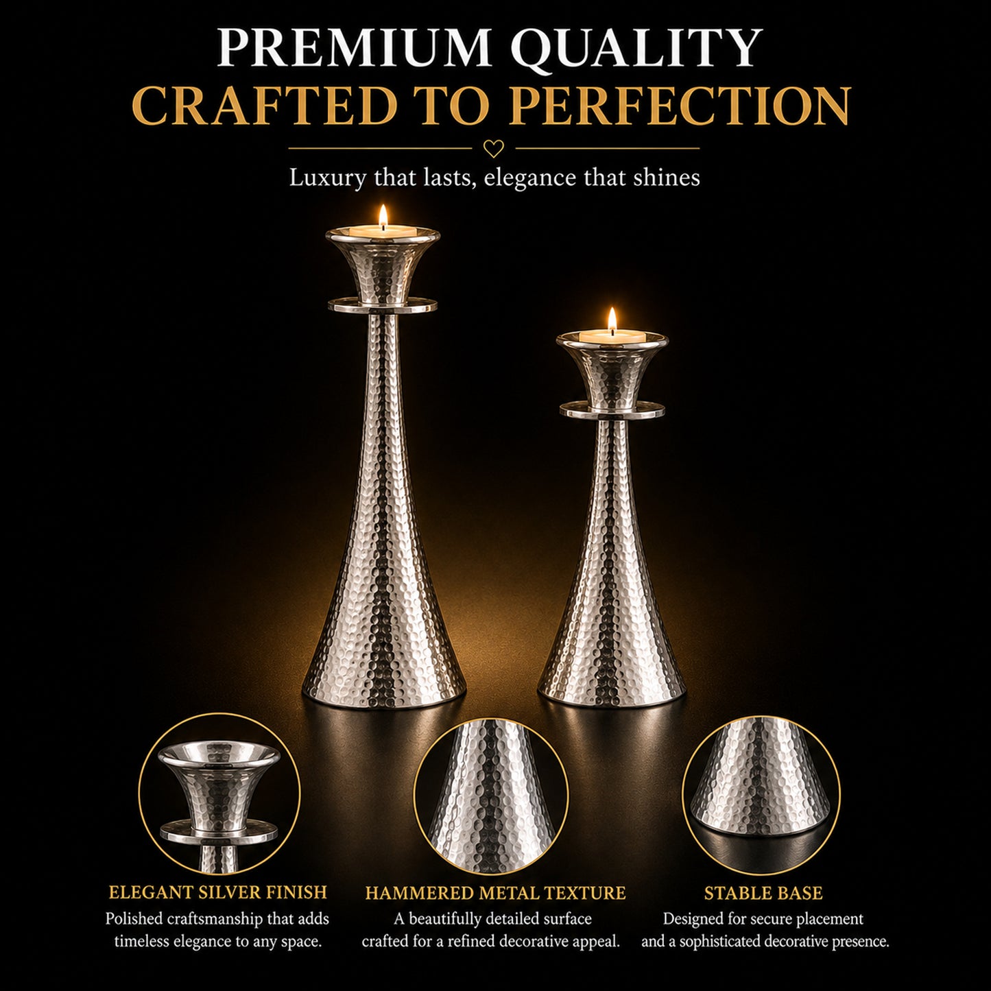 Hammered Silver Tapered Metal Candle Holder Stand Set of 2 | The Indian Aura