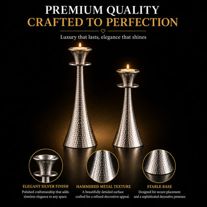 Hammered Silver Tapered Metal Candle Holder Stand Set of 2 | The Indian Aura