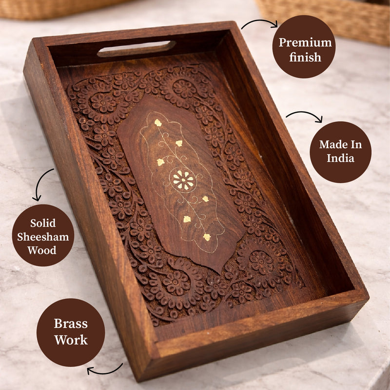 Rosewood Wooden Serving Tray with Matching Coaster Set 6 – Handcrafted Tableware Combo by The Indian Aura