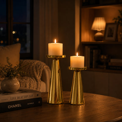 Gold Metal Pillar Candle Holder Stand Set of 2 | The Indian Aura