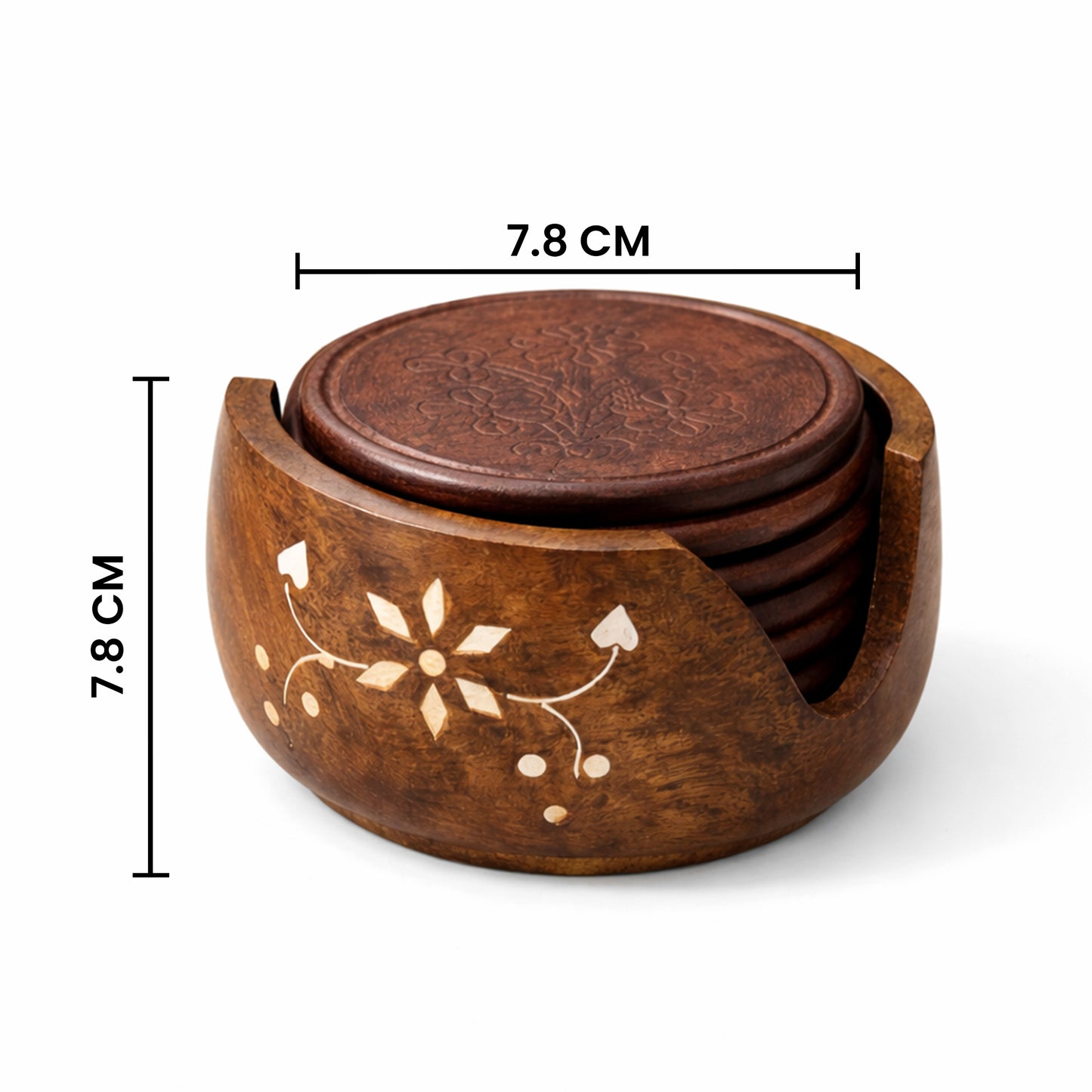 Handcrafted Wooden Coaster Set with Holder (7.8 cm) | Premium Tableware | The Indian Aura