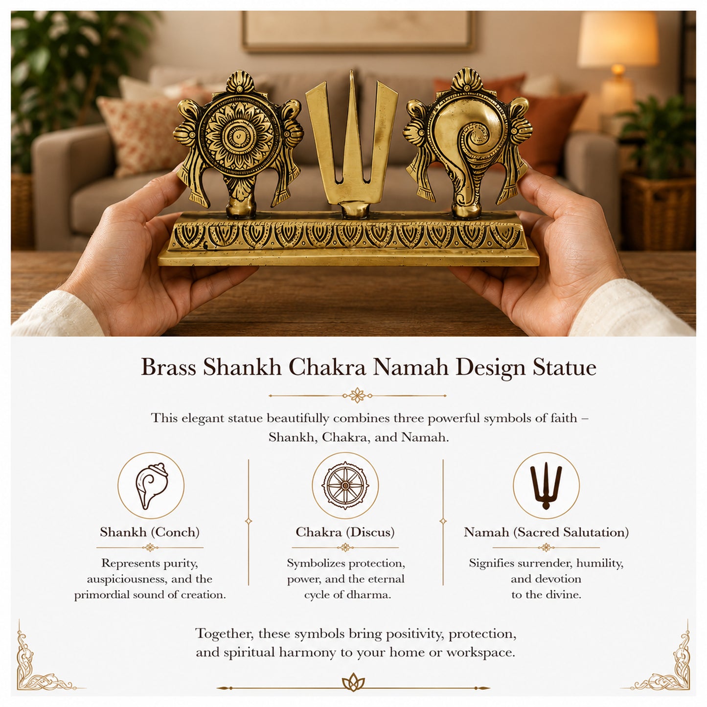 Brass Shankh Chakra Namam Statue with Stand | The Indian Aura