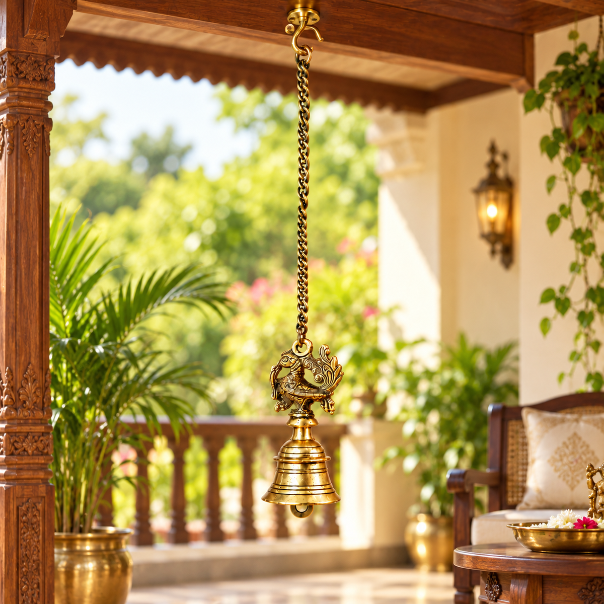 The Indian Aura Antique Gold Pure Brass Wall Hanging Bell | Traditional Decorative Bell for Home, Temple, Pooja Room & Entrance Décor