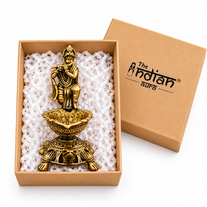 The Indian Aura Brass Lord Krishna Flute Player Diya with Turtle Base For Gifting | Premium Spiritual Gift for Housewarming, Wedding, Diwali, Janmashtami & Anniversary | Traditional Pooja Oil Lamp for Home Temple Decor