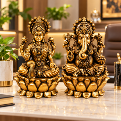 Antique Brass Laxmi Ganesh Idol Set for Home Temple, Pooja Room & Mandir | Handcrafted Laxmi Ganesh Statues for Home Décor & Office Desk | Diwali, Housewarming & Spiritual Gift | The Indian Aura