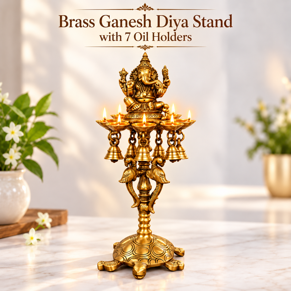 Brass Ganesh Diya Stand with 7 Oil Holders | Antique Finish Pooja Lamp with Hanging Bells, Peacock Design & Tortoise Base for Home Temple, Decor & Gifting | The Indian Aura