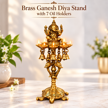 Brass Ganesh Diya Stand with 7 Oil Holders | Antique Finish Pooja Lamp with Hanging Bells, Peacock Design & Tortoise Base for Home Temple, Decor & Gifting | The Indian Aura
