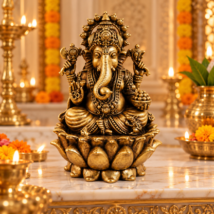 Antique Brass Lord Ganesh Idol for Home Temple & Pooja Room | Handcrafted Lord Ganesha Statue for Mandir, Home Décor & Office Desk | Housewarming, Diwali & Spiritual Gift | The Indian Aura