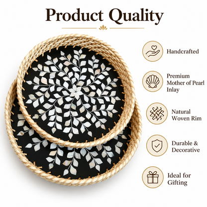 Handcrafted Mother of Pearl Round Black Tray Set of 2 | Woven Natural Rim Decorative Serving Trays for Home Décor, Jewellery Storage, Pooja & Gifting | 10.7 & 12.5 Inch