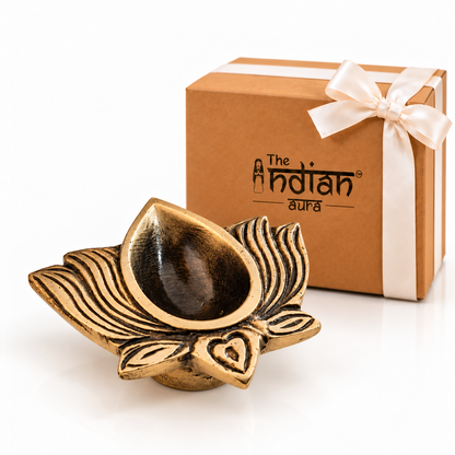 Brass Lotus Diya in Antique Finish for Gifting – Traditional Decorative Oil Lamp for Diwali Gifts, Housewarming, Wedding, Return Gifts & Puja | The Indian Aura