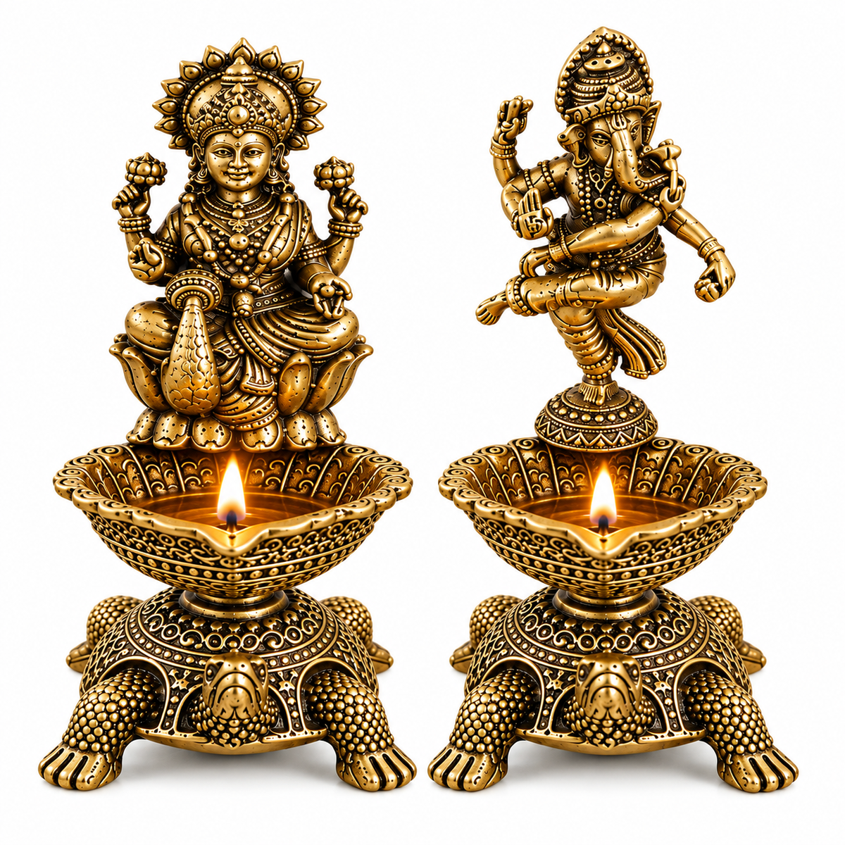 Pure Brass Laxmi Ganesha Pair Diya Oil Lamp Holder | Antique Gold Finish, Diya, Vastu Show piece, Puja Room Decor | The Indian Aura