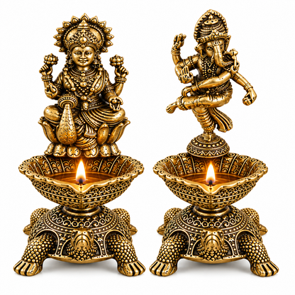 Pure Brass Laxmi Ganesha Pair Diya Oil Lamp Holder | Antique Gold Finish, Diya, Vastu Show piece, Puja Room Decor | The Indian Aura