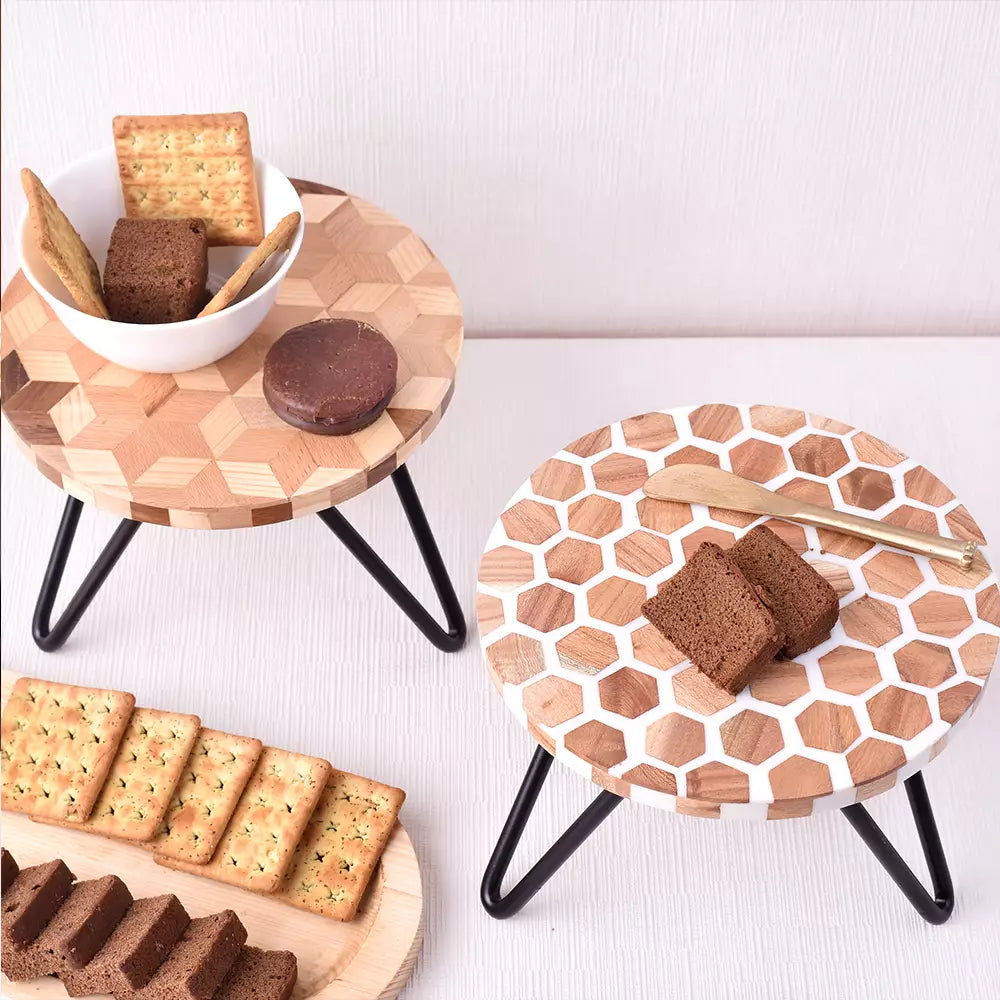 Brown and White Honeycomb Wood and Resin Cake Stand for Dessert, Fruit and Planter