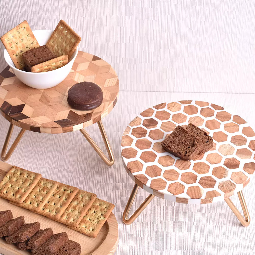 Brown and White Honeycomb Wood and Resin Cake Stand for Dessert, Fruit and Planter