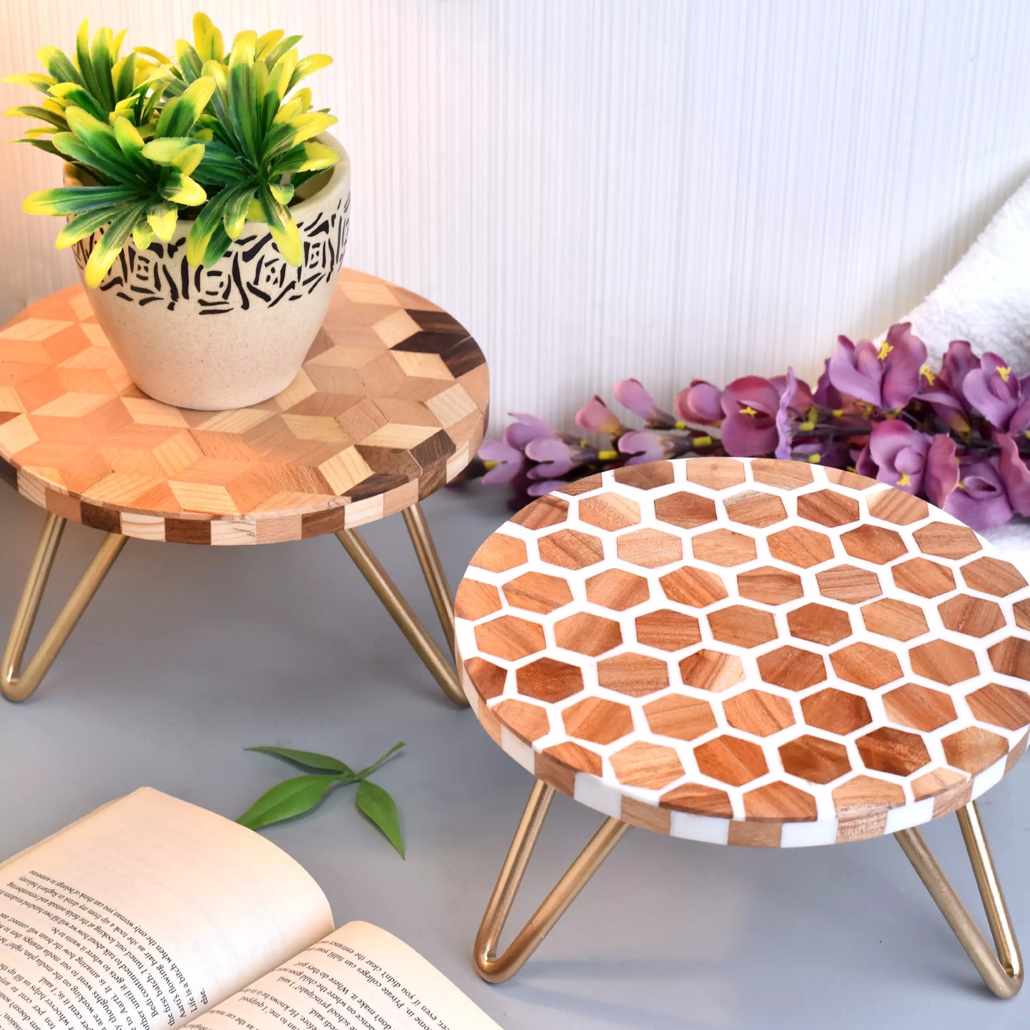 Brown and White Honeycomb Wood and Resin Cake Stand for Dessert, Fruit and Planter