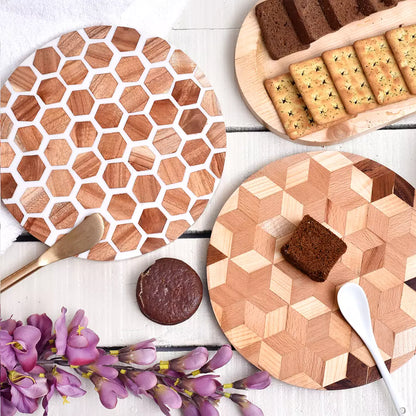 Brown and White Honeycomb Wood and Resin Cake Stand for Dessert, Fruit and Planter