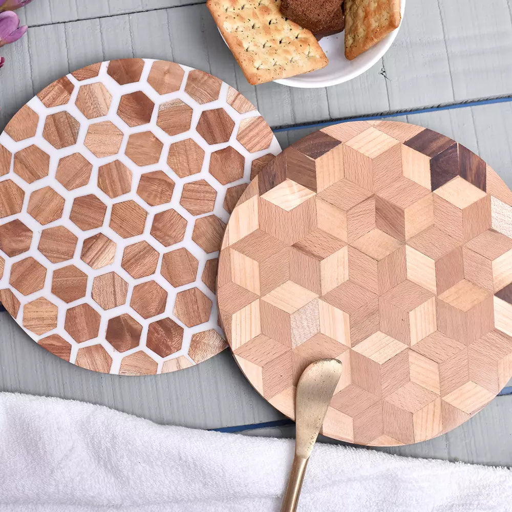 Brown and White Honeycomb Wood and Resin Cake Stand for Dessert, Fruit and Planter