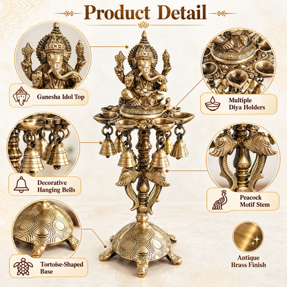 Brass Ganesh Diya Stand with 7 Oil Holders | Antique Finish Pooja Lamp with Hanging Bells, Peacock Design & Tortoise Base for Home Temple, Decor & Gifting | The Indian Aura
