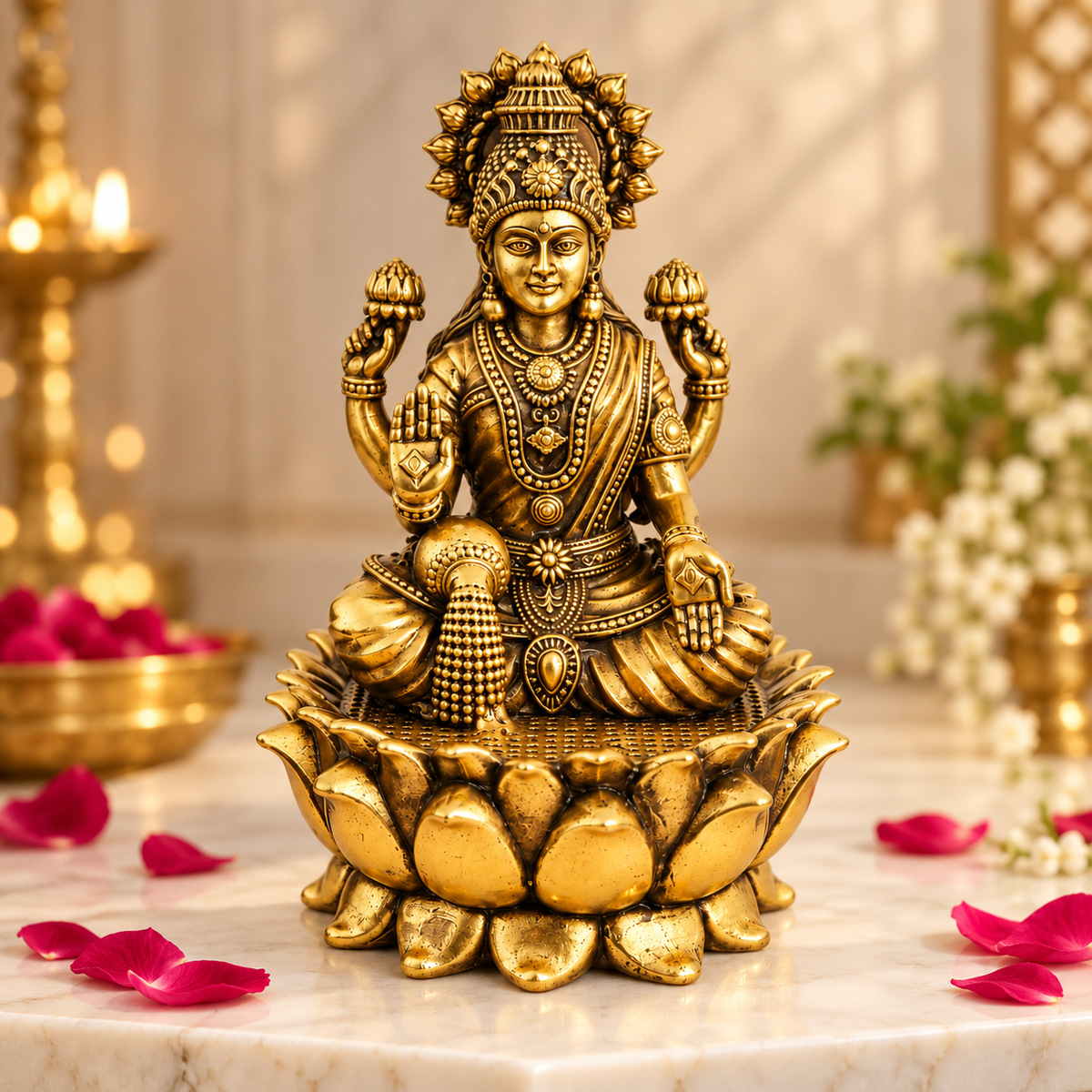 Antique Brass Laxmi Idol for Home Temple & Pooja Room | Handcrafted Goddess Laxmi Statue for Mandir, Home Décor & Office Desk | Housewarming, Diwali & Spiritual Gift | The Indian Aura