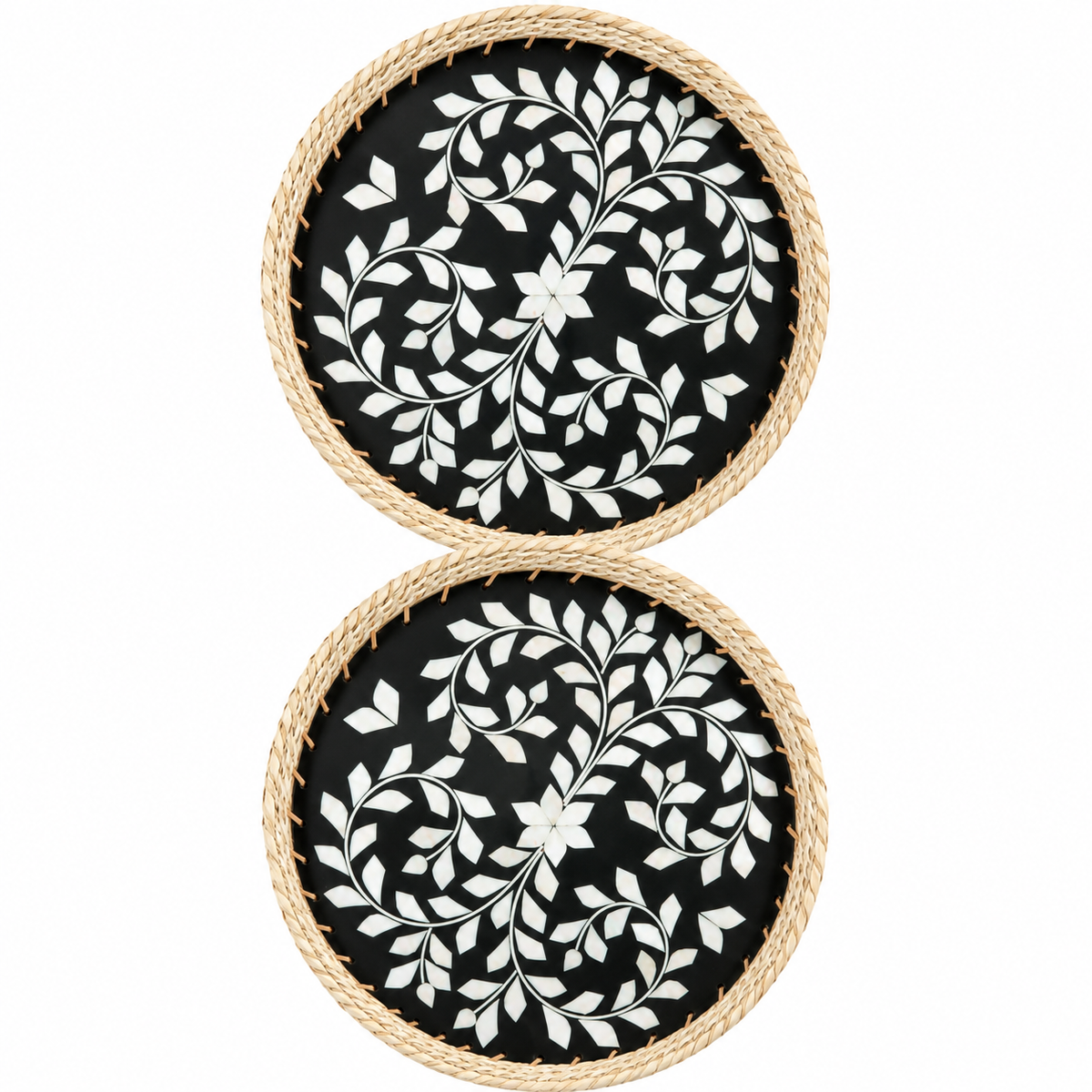 Handcrafted Mother of Pearl Round Black Tray Set of 2 | Woven Natural Rim Decorative Serving Trays for Home Décor, Jewellery Storage, Pooja & Gifting | 10 & 12 Inch