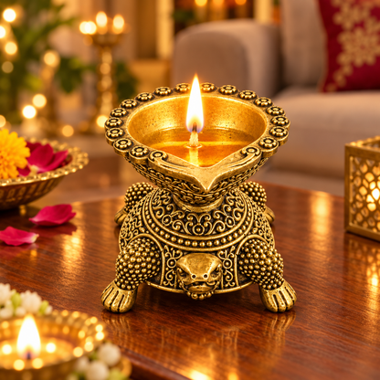 Handcrafted Antique Brass Turtle Diya for Pooja | Traditional Brass Tortoise Oil Lamp | Kachua Deepak for Mandir, Home Decor, Diwali & Vastu | The Indian Aura