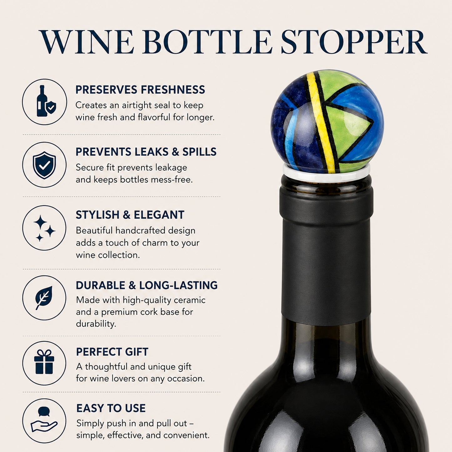 Handmade Ceramic Wine Bottle Stopper – Colorful Blue Green Abstract Design, Airtight Cork Seal, Gift for Wine Lovers