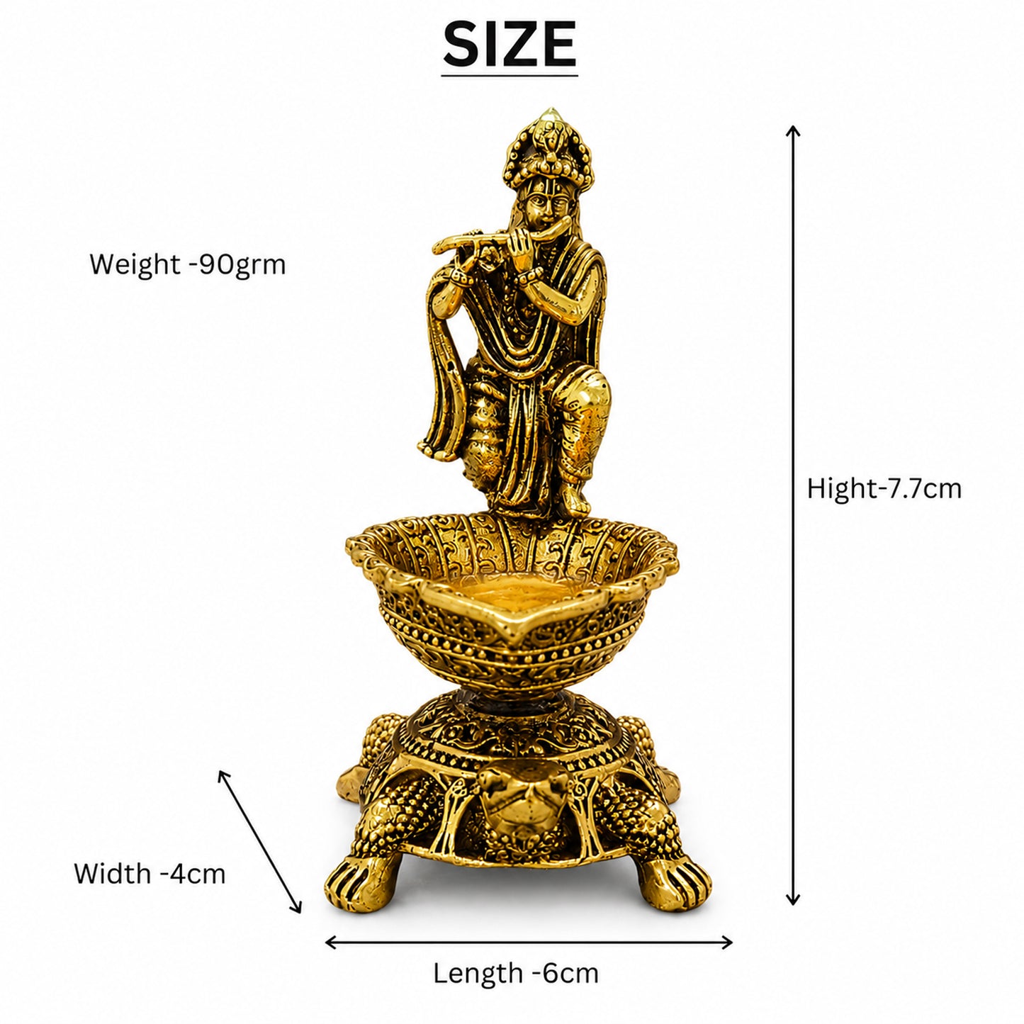 Brass Diya Oil Lamp with Turtle Base for Pooja Room, Mandir, Home Temple Décor & Spiritual Gift,Krishna Flute Player