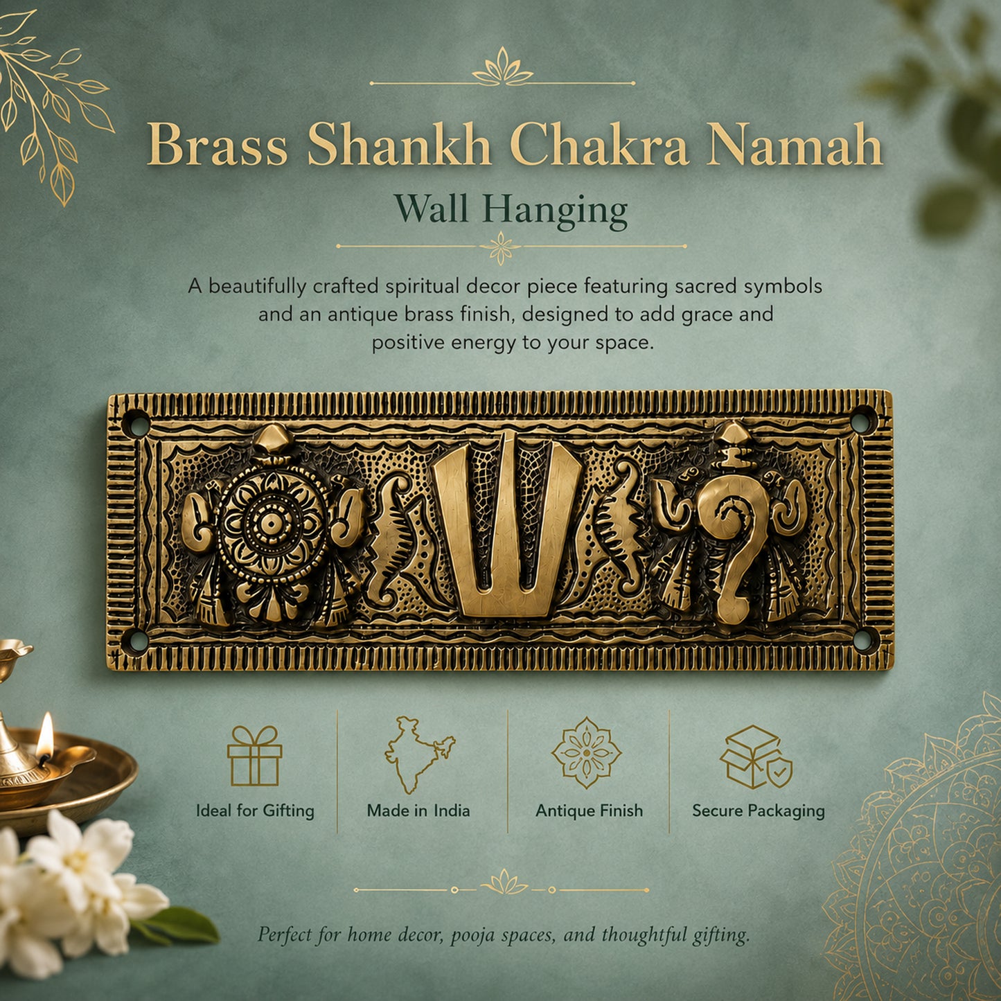 Brass Shankh Chakra Namah Wall Hanging Vaishnav Tilak Plaque | The Indian Aura