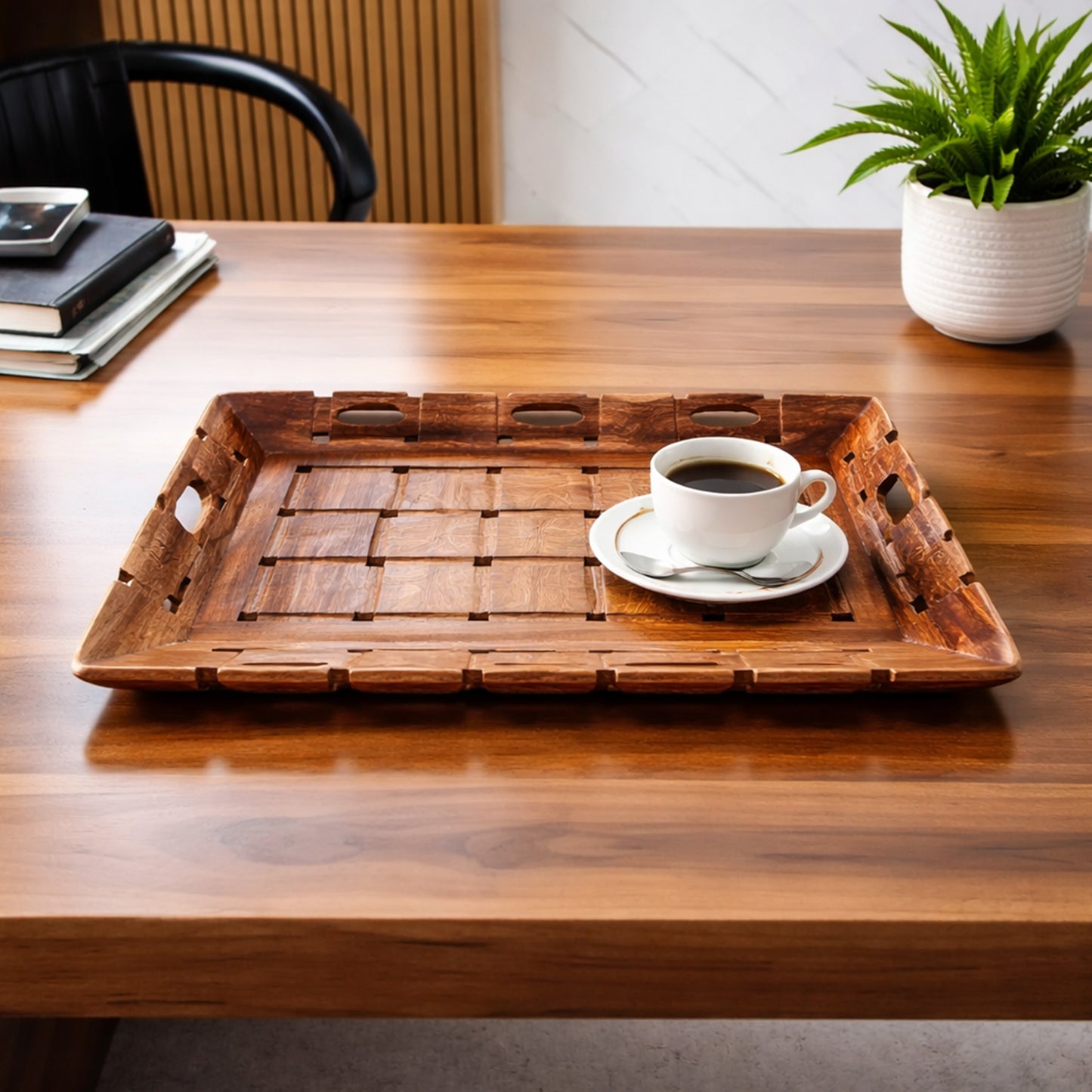 Handcrafted Sheesham Wood Rectangular Serving Tray with Handles – 36 cm Breakfast & Snacks Tray