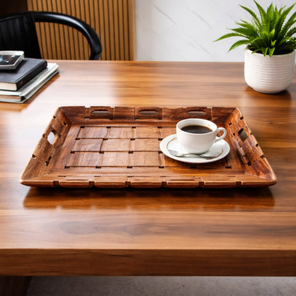 Handcrafted Sheesham Wood Rectangular Serving Tray with Handles – 36 cm Breakfast & Snacks Tray