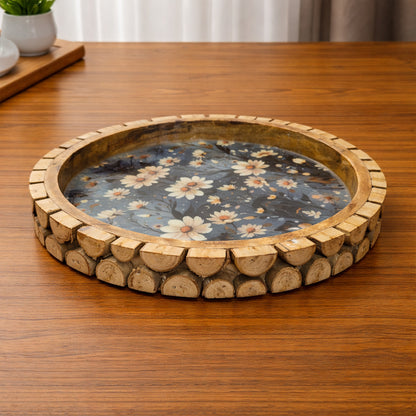 Rustic Round Wooden Floral Serving Tray with Resin Top – 30 cm Decorative Platter for Snacks & Tea