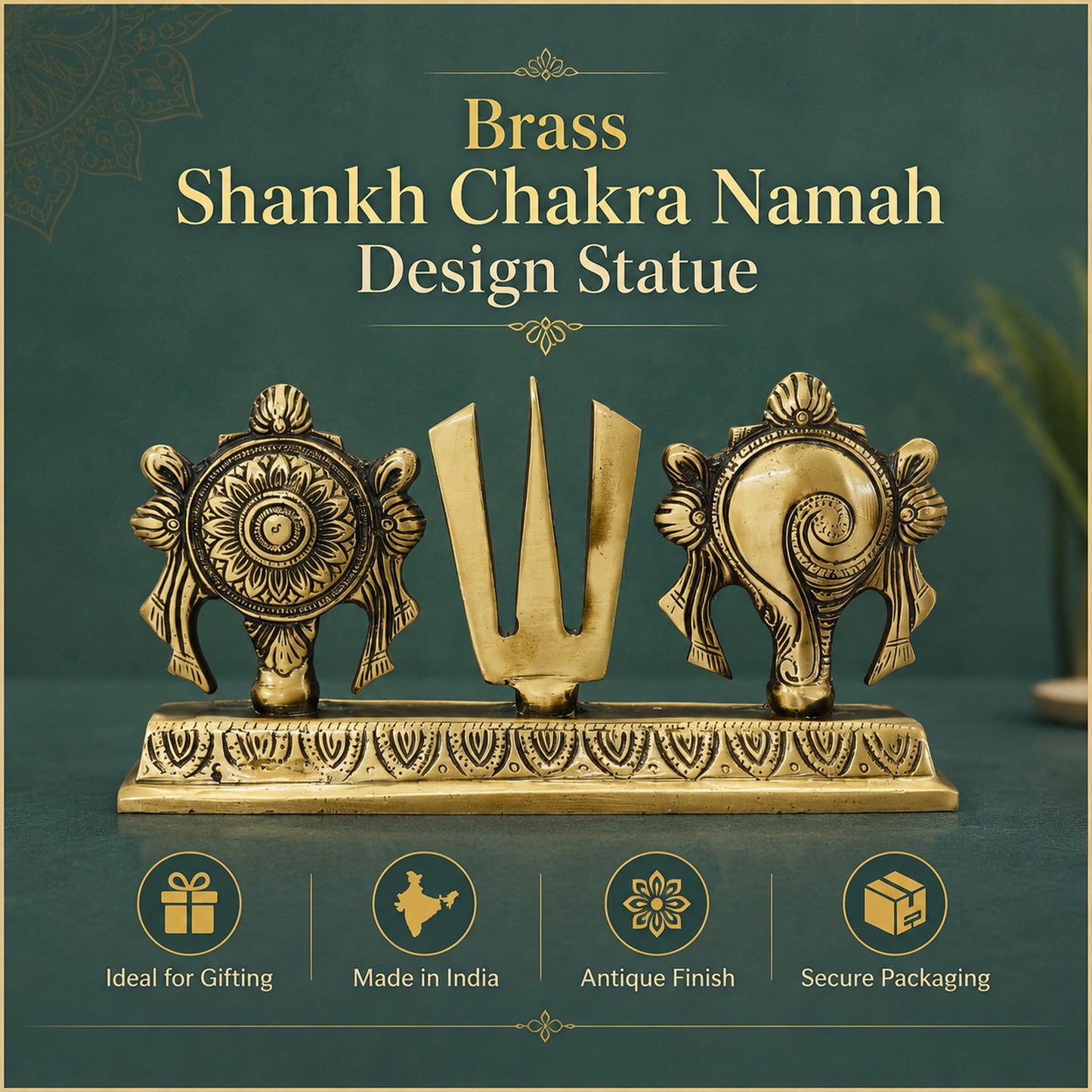 Brass Shankh Chakra Namam Statue with Stand | The Indian Aura