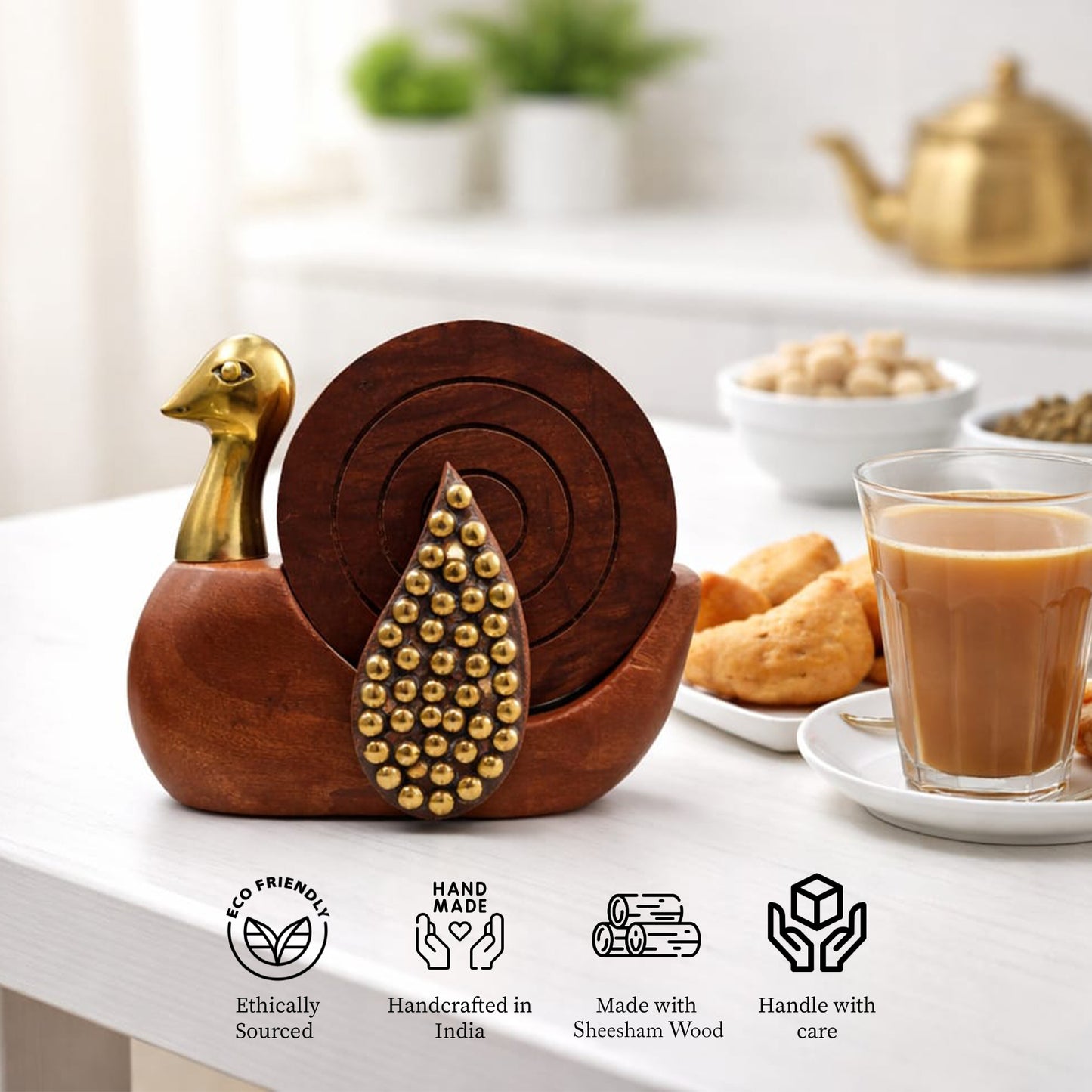 Handcrafted Wooden Round Coasters with Duck Shape Holder - Set of 6