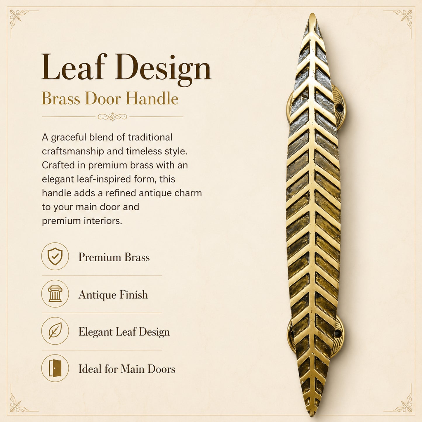 Handcrafted Leaf Design Brass Door Handle for Main Door 12inch  – Antique Finish single set