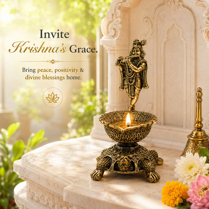 Brass Lord Venkateswara Diya with Turtle Base | Antique Finish, Pure Brass, 8.8cm Height, Pooja & Temple Decor, Deepam Oil Lamp (Copy)